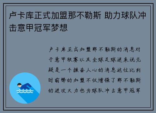 卢卡库正式加盟那不勒斯 助力球队冲击意甲冠军梦想 卢卡库正式加盟那不勒斯 助力球队冲击意甲冠军梦想